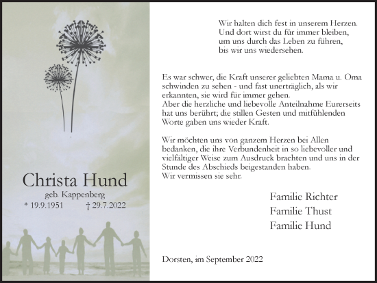Traueranzeige von Christa Hund von Ruhr Nachrichten und Dorstener Zeitung
