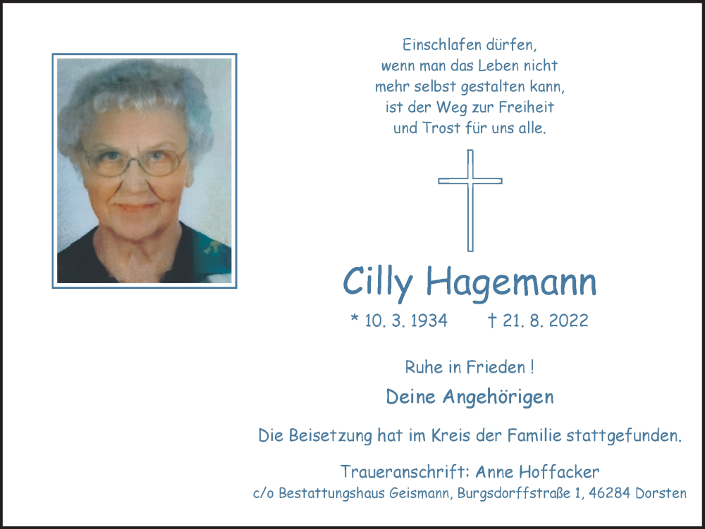  Traueranzeige für Cilly Hagemann vom 24.09.2022 aus Ruhr Nachrichten und Dorstener Zeitung