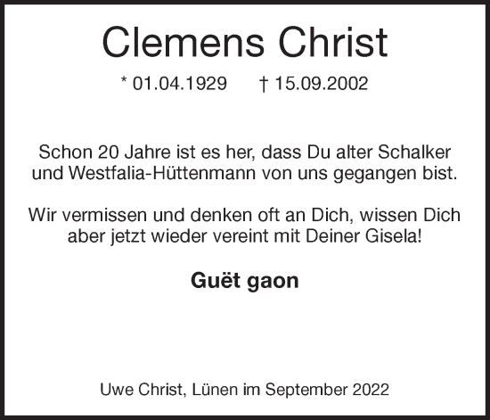 Traueranzeige von Clemens Christ von Ruhr Nachrichten