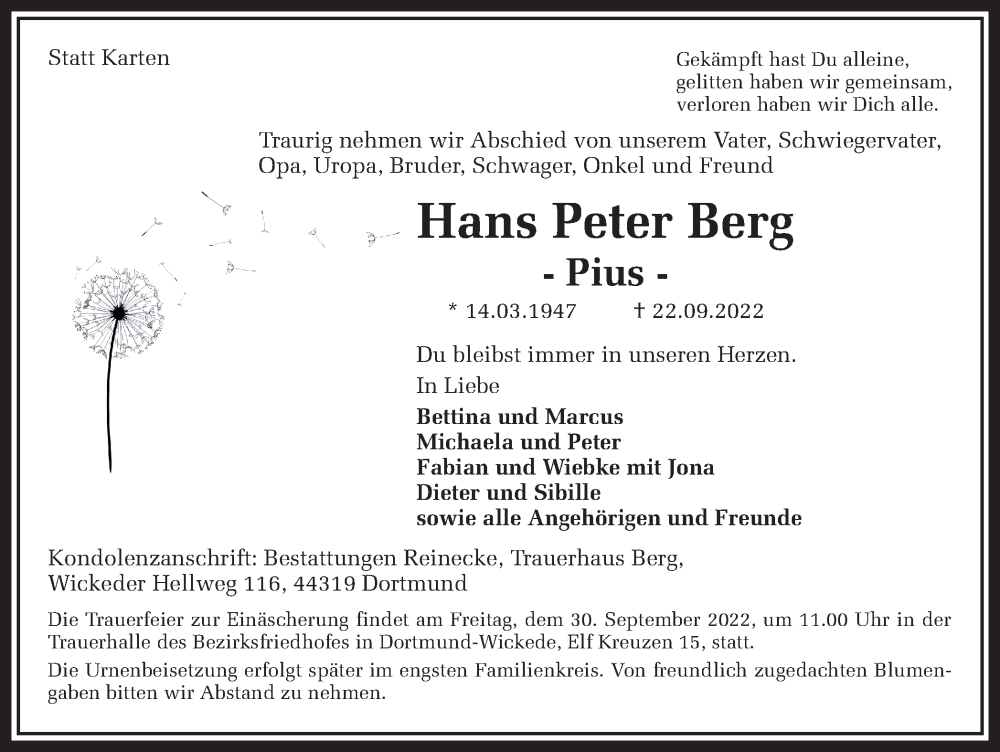  Traueranzeige für Hans Peter Berg vom 28.09.2022 aus Ruhr Nachrichten