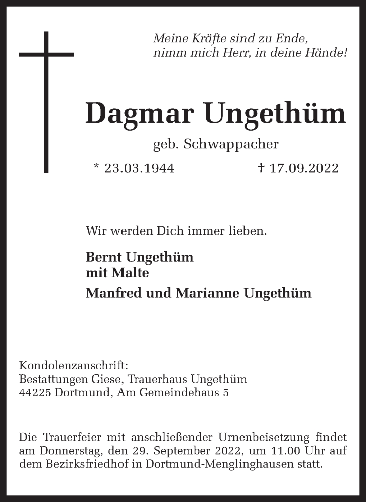  Traueranzeige für Dagmar Ungethüm vom 24.09.2022 aus 