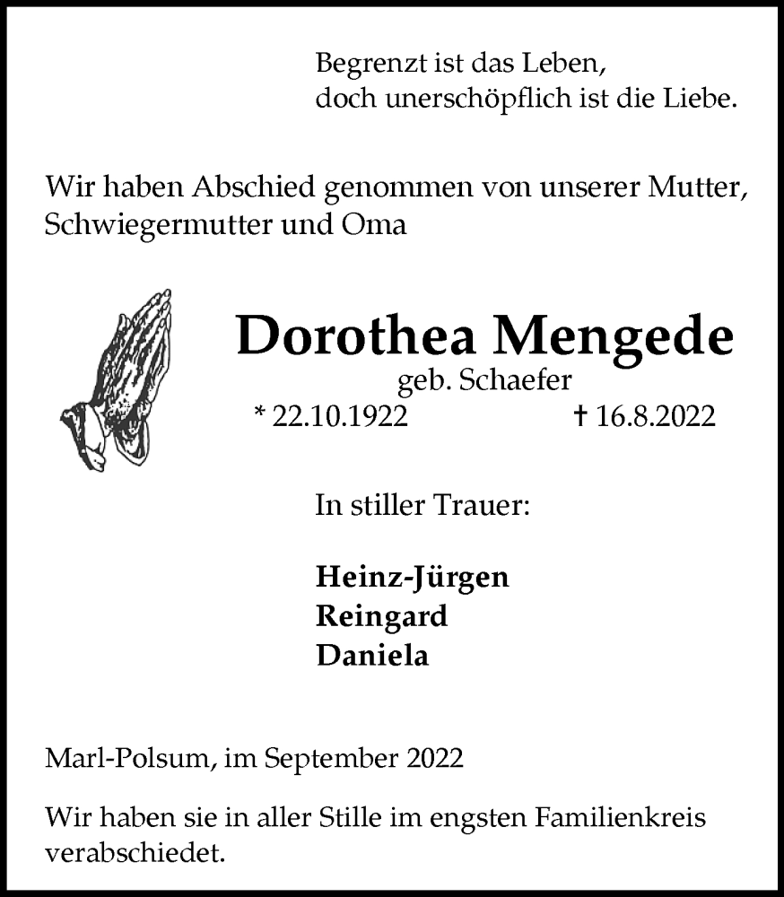  Traueranzeige für Dorothea Mengede vom 28.09.2022 aus Medienhaus Bauer