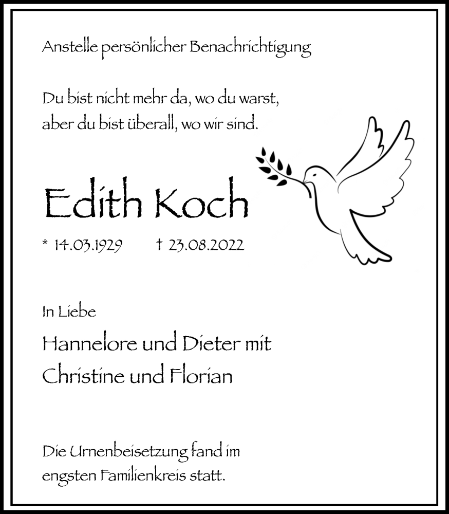  Traueranzeige für Edith Koch vom 17.09.2022 aus Medienhaus Bauer