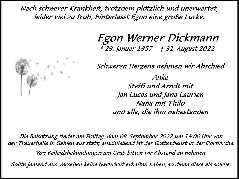  Traueranzeige für Egon Werner Dickmann vom 08.09.2022 aus Ruhr Nachrichten und Dorstener Zeitung