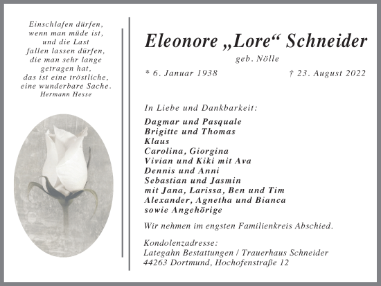 Traueranzeige von Eleonore Schneider 