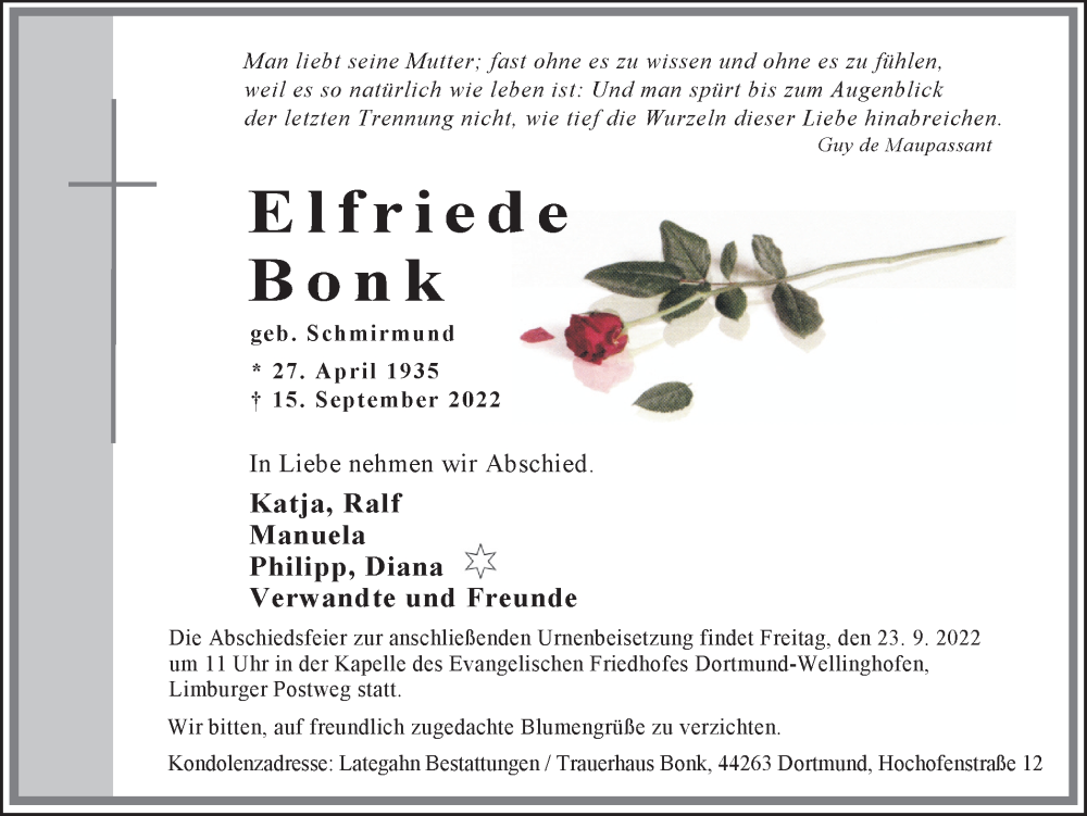  Traueranzeige für Elfriede Bonk vom 20.09.2022 aus 