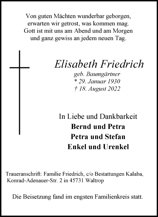 Traueranzeige von Elisabeth Friedrich von Medienhaus Bauer