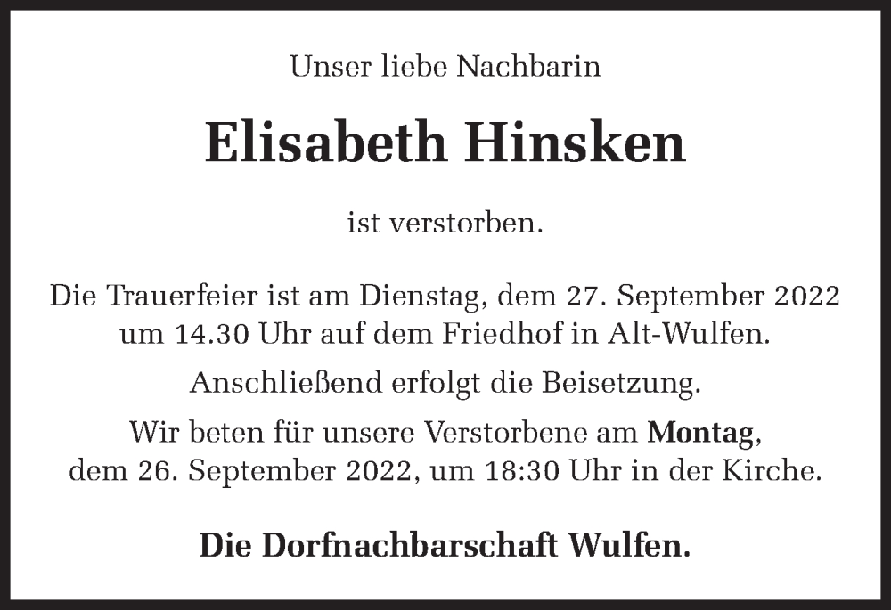  Traueranzeige für Elisabeth Hinsken vom 23.09.2022 aus Ruhr Nachrichten und Dorstener Zeitung