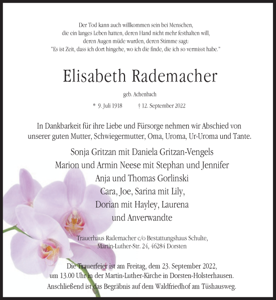 Traueranzeige von Elisabeth Rademacher von Ruhr Nachrichten und Dorstener Zeitung