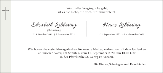 Traueranzeige von Elisabeth und Heinz Lübbering von Münstersche Zeitung und Münsterland Zeitung