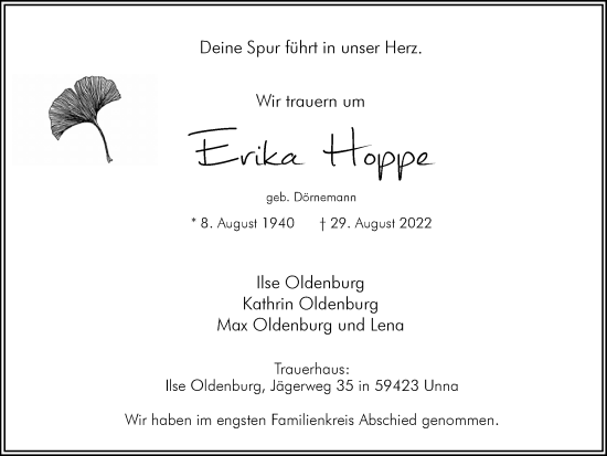 Traueranzeige von Erika Hoppe von Hellweger Anzeiger