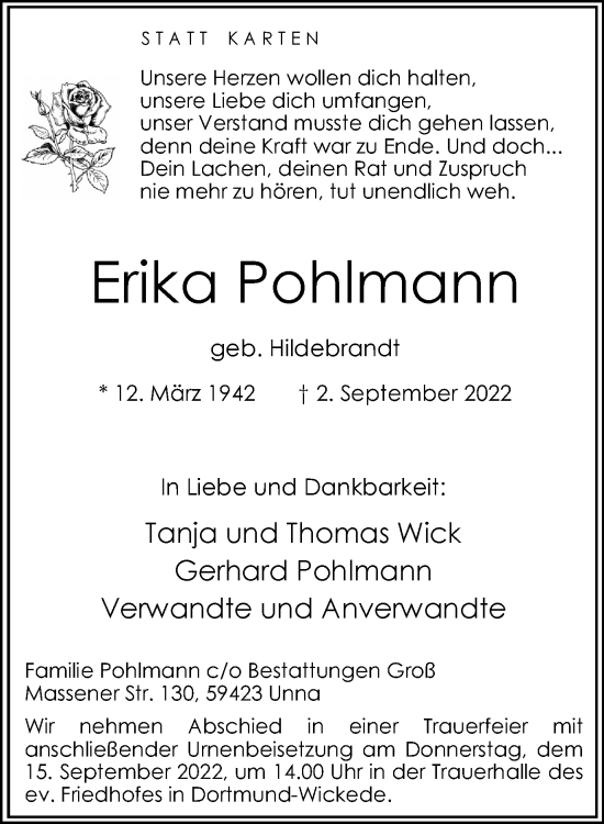 Traueranzeige von Erika Pohlmann 