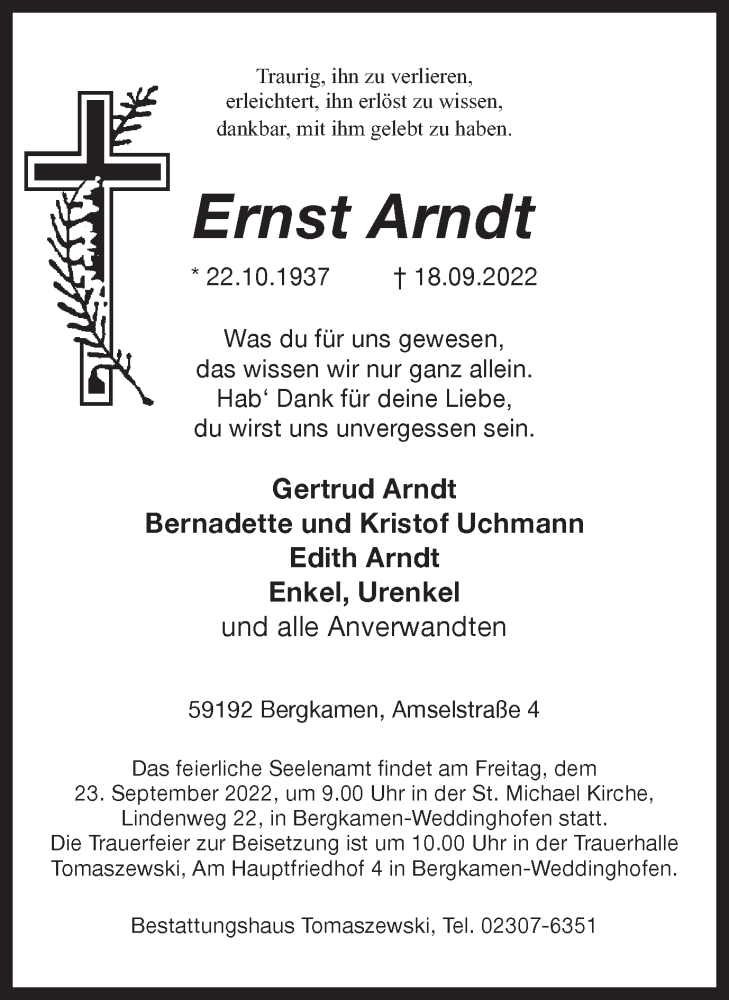  Traueranzeige für Ernst Arndt vom 20.09.2022 aus Hellweger Anzeiger