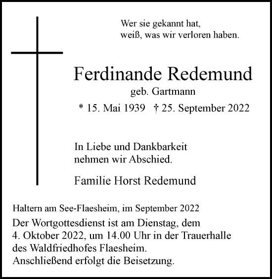 Traueranzeige von Ferdinande Redemund von Ruhr Nachrichten und Halterner Zeitung