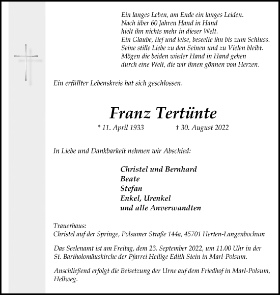 Traueranzeige von Franz Tertünte von Medienhaus Bauer