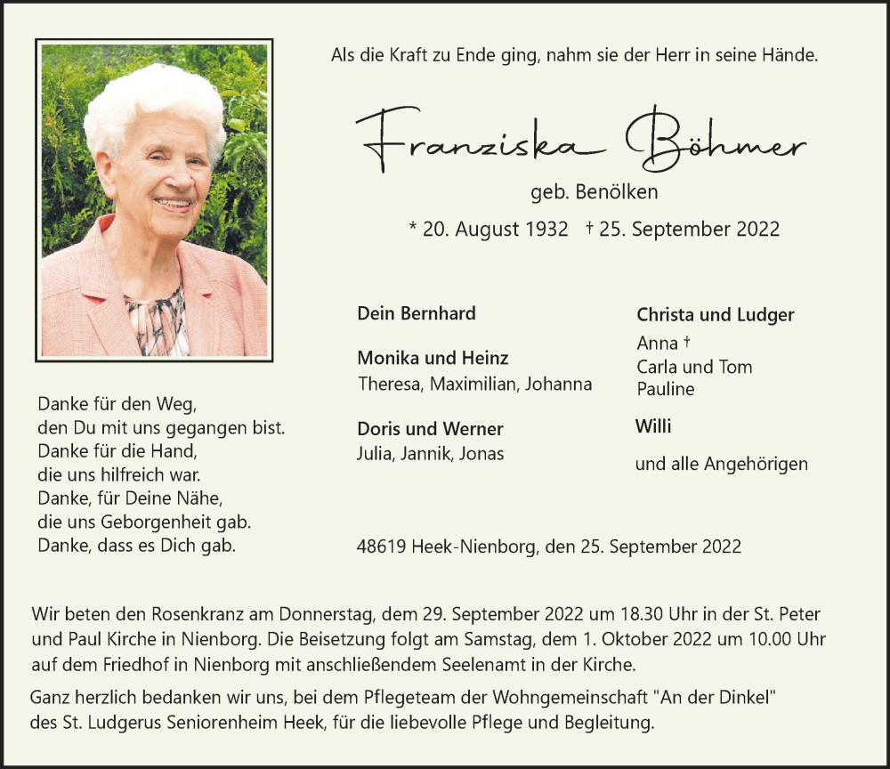  Traueranzeige für Franziska Böhmer vom 28.09.2022 aus Münstersche Zeitung und Münsterland Zeitung
