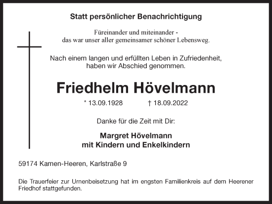 Traueranzeige von Friedhelm Hövelmann von Hellweger Anzeiger