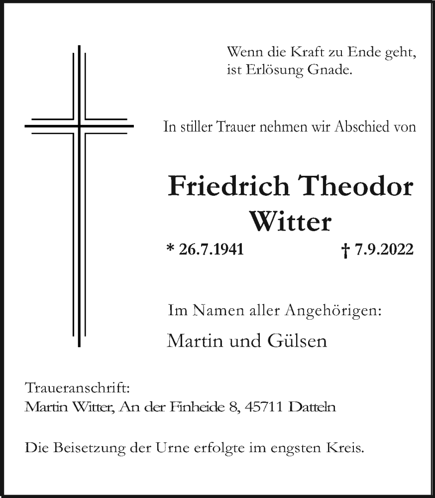  Traueranzeige für Friedrich Theodor Witter vom 24.09.2022 aus Medienhaus Bauer