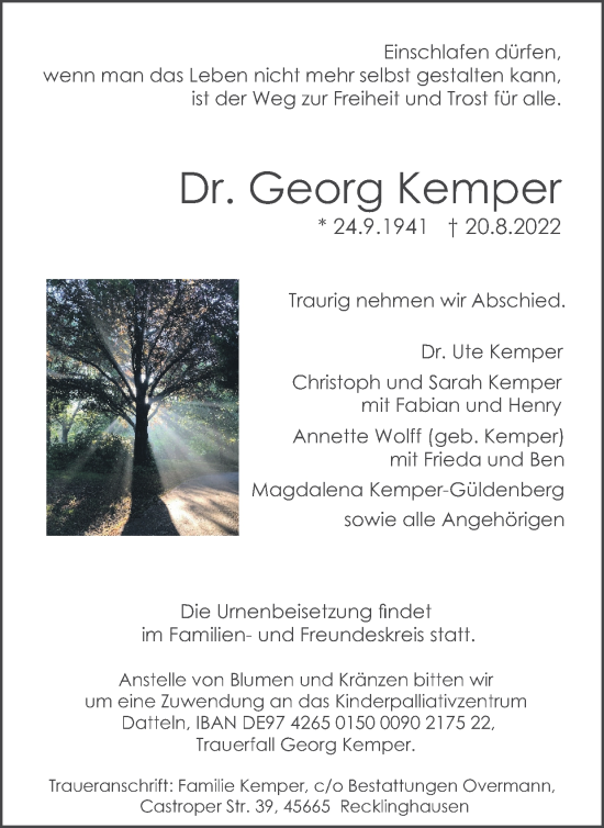 Traueranzeige von Georg Kemper von Medienhaus Bauer