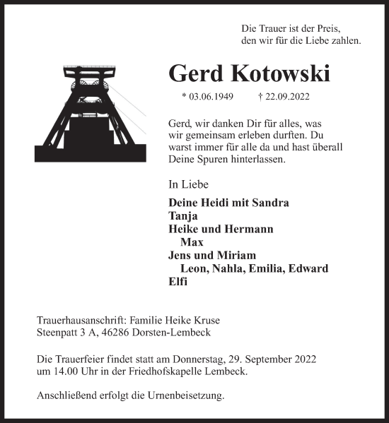 Traueranzeige von Gerd Kotowski von Ruhr Nachrichten und Dorstener Zeitung