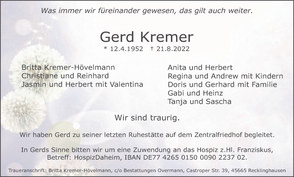  Traueranzeige für Gerd Kremer vom 17.09.2022 aus Medienhaus Bauer