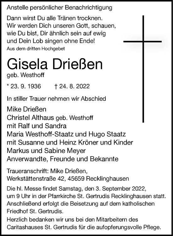 Traueranzeige von Gisela Drießen von Medienhaus Bauer