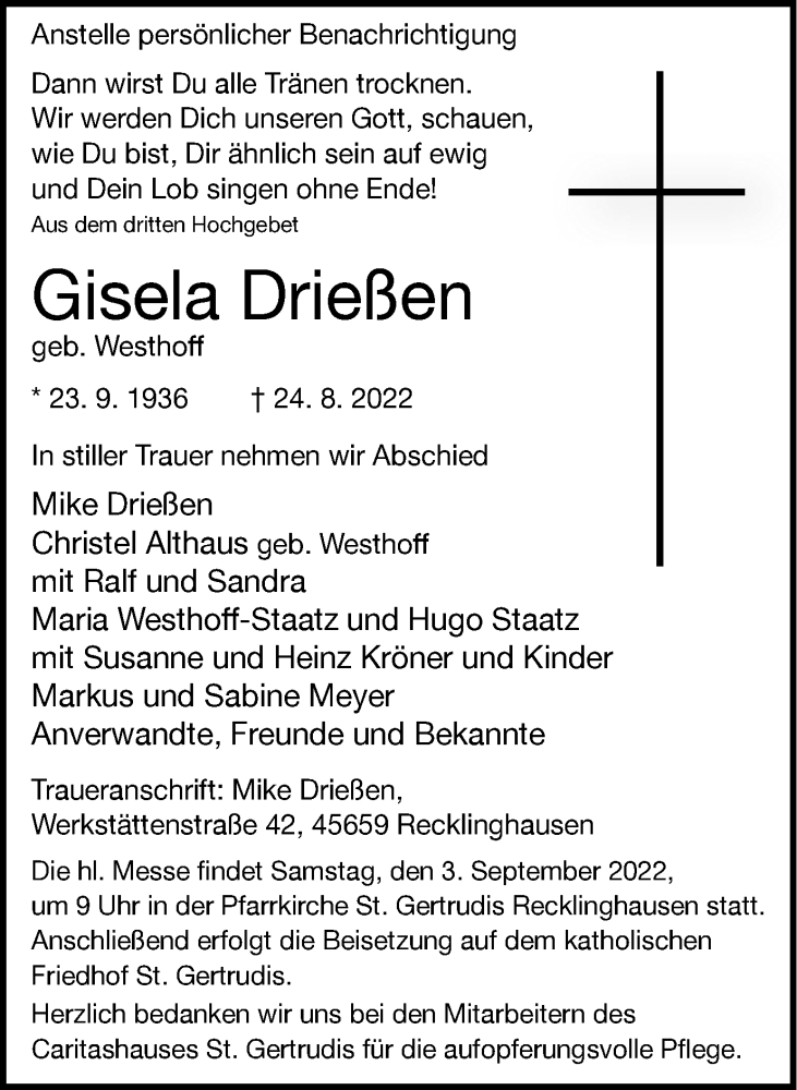  Traueranzeige für Gisela Drießen vom 02.09.2022 aus Medienhaus Bauer
