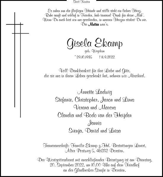 Traueranzeige von Gisela Ekamp von Ruhr Nachrichten und Dorstener Zeitung