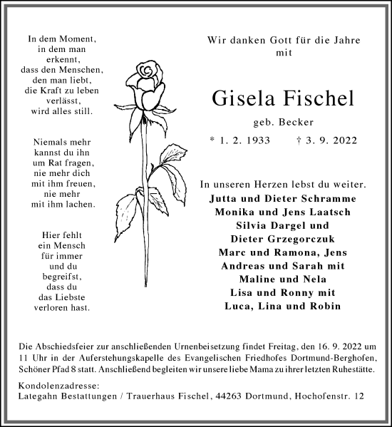 Traueranzeige von Gisela Fischel 