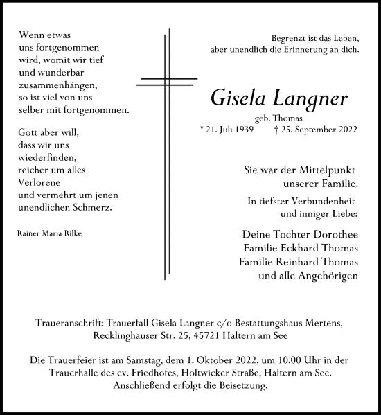Traueranzeige von Gisela Langner von Ruhr Nachrichten und Halterner Zeitung