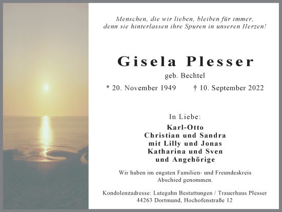Traueranzeige von Gisela Plesser 