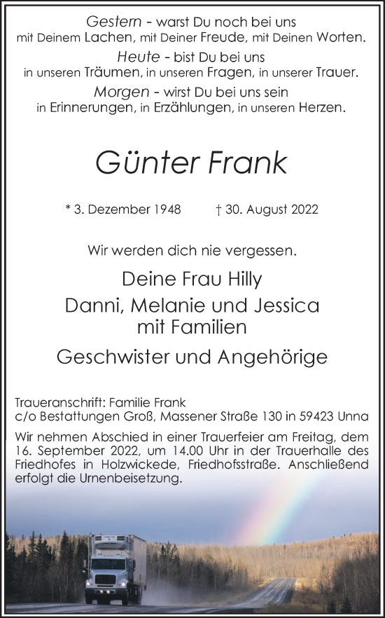 Traueranzeige von Günter Frank von Hellweger Anzeiger