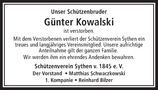 Traueranzeige von Günter Kowalski von Ruhr Nachrichten und Halterner Zeitung