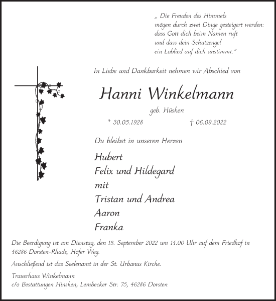 Traueranzeige von Hanni Winkelmann von Ruhr Nachrichten und Dorstener Zeitung