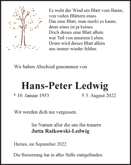 Traueranzeige von Hans-Peter Ledwig von Medienhaus Bauer