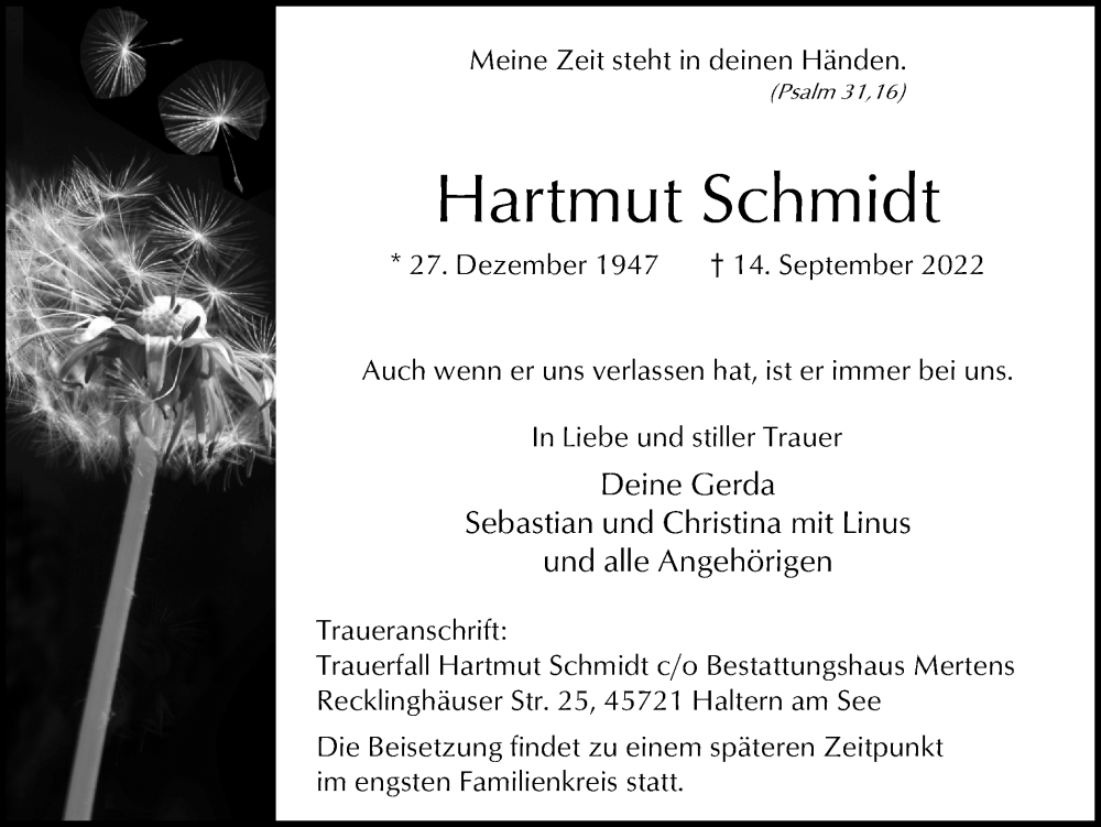  Traueranzeige für Hartmut Schmidt vom 17.09.2022 aus Ruhr Nachrichten und Halterner Zeitung