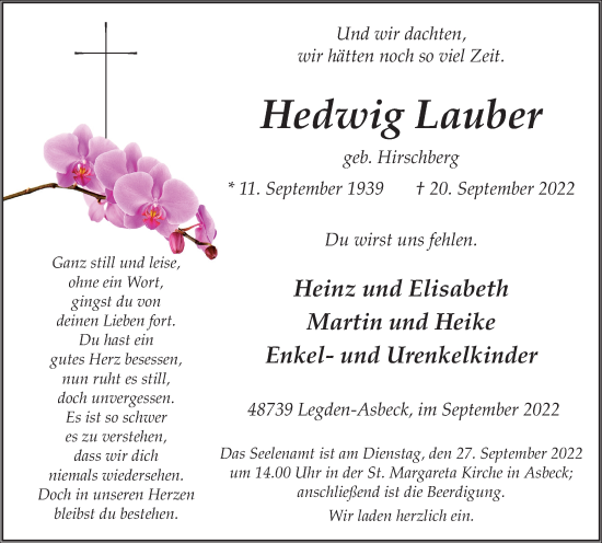 Traueranzeige von Hedwig Lauber von Münstersche Zeitung und Münsterland Zeitung