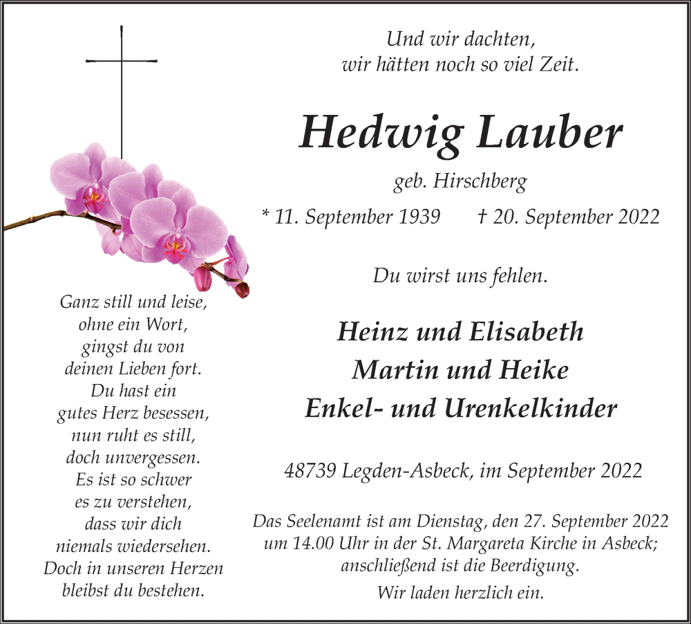  Traueranzeige für Hedwig Lauber vom 22.09.2022 aus Münstersche Zeitung und Münsterland Zeitung
