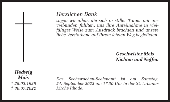 Traueranzeige von Hedwig Meis von Ruhr Nachrichten und Dorstener Zeitung