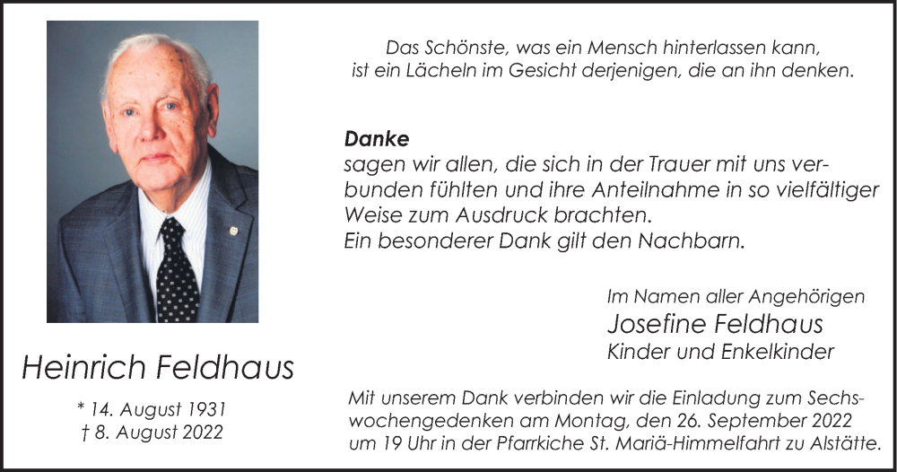  Traueranzeige für Heinrich Feldhaus vom 22.09.2022 aus Münstersche Zeitung und Münsterland Zeitung