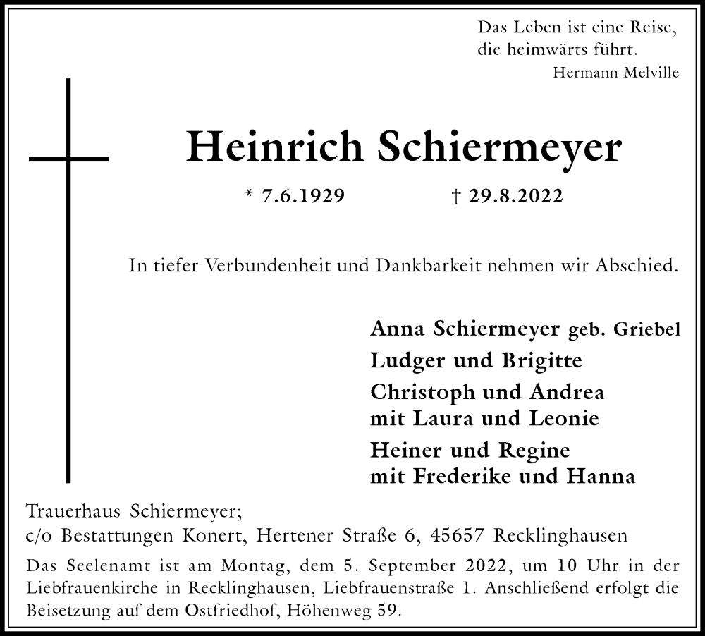  Traueranzeige für Heinrich Schiermeyer vom 03.09.2022 aus Medienhaus Bauer