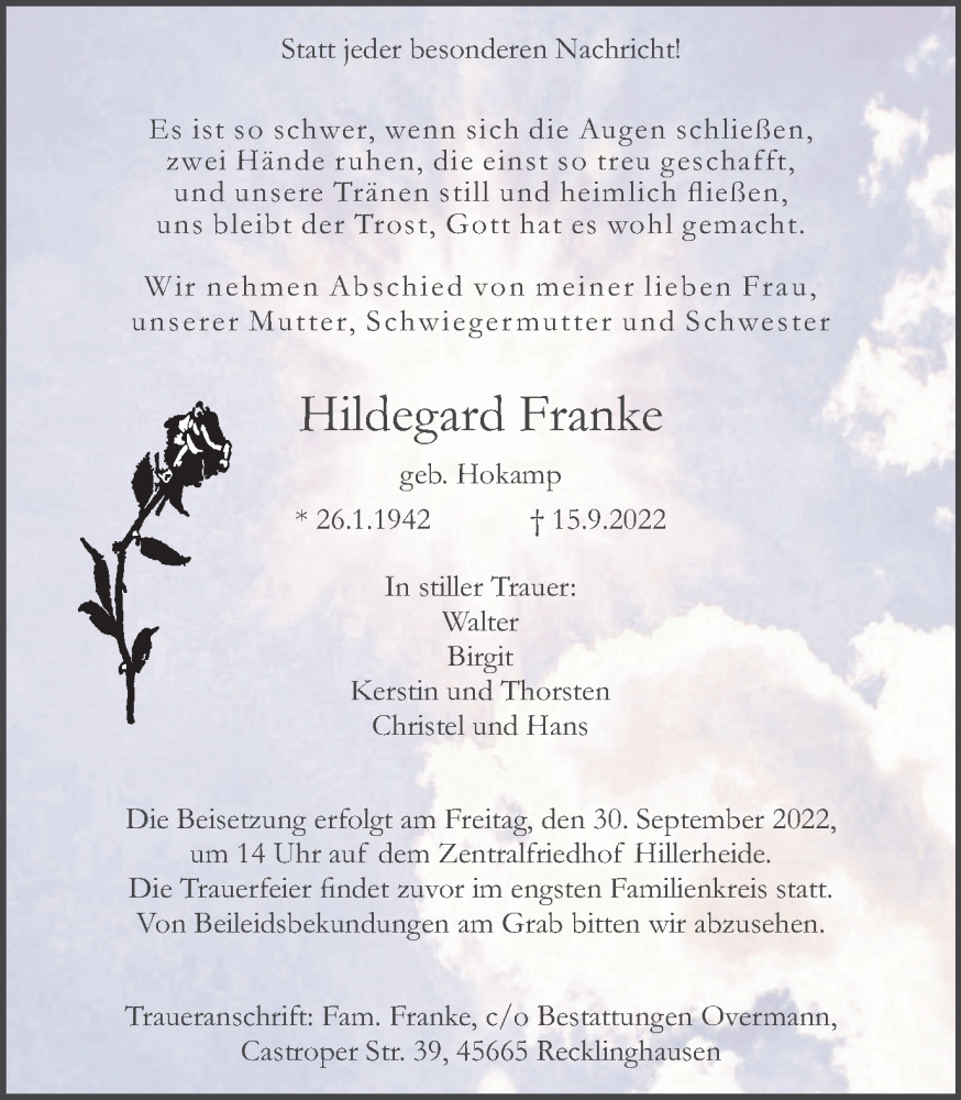  Traueranzeige für Hildegard Franke vom 24.09.2022 aus Medienhaus Bauer