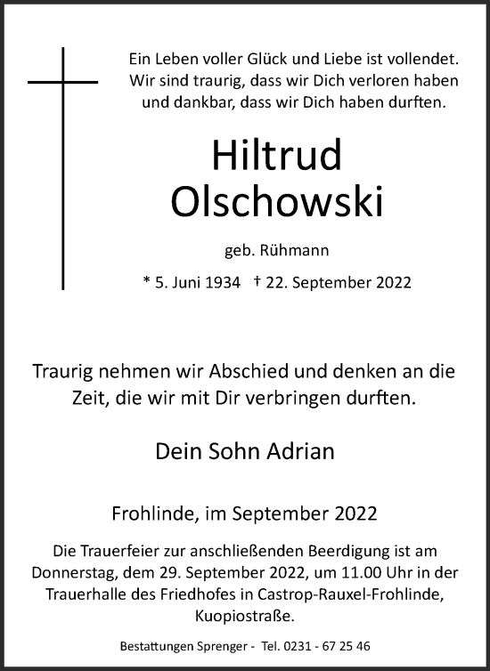 Traueranzeige von Hiltrud Olschowski von Ruhr Nachrichten