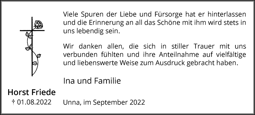  Traueranzeige für Horst Friede vom 10.09.2022 aus Hellweger Anzeiger