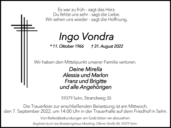 Traueranzeige von Ingo Vondra von Ruhr Nachrichten