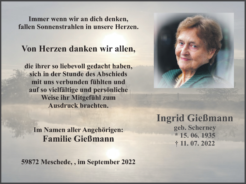  Traueranzeige für Ingrid Gießmann vom 24.09.2022 aus Ruhr Nachrichten
