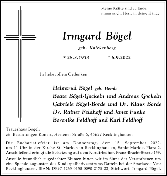 Traueranzeige von Irmgard Bögel von Medienhaus Bauer