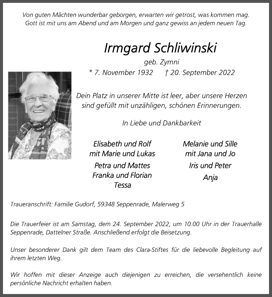  Traueranzeige für Irmgard Schliwinski vom 22.09.2022 aus Ruhr Nachrichten