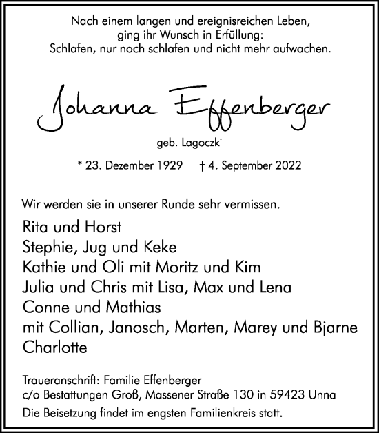 Traueranzeige von Johanna Effenberger von Hellweger Anzeiger