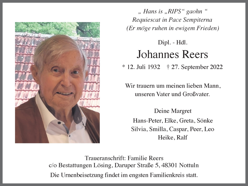  Traueranzeige für Johannes Reers vom 30.09.2022 aus Münstersche Zeitung und Münsterland Zeitung